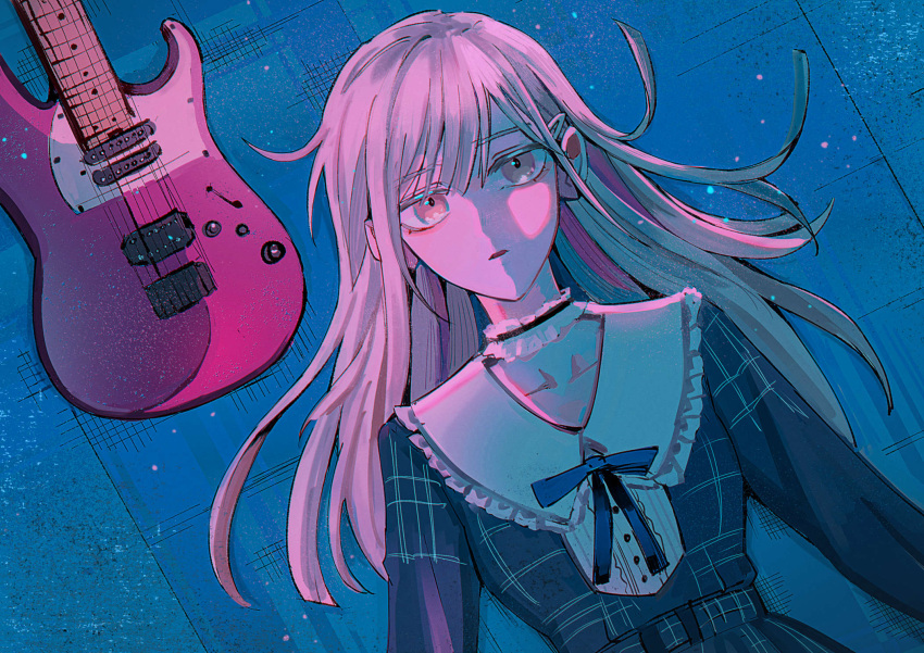 1girl bang_dream! bang_dream!_it's_mygo!!!!! blue_dress blue_ribbon choker commentary dress electric_guitar grey_hair guitar hair_ornament hairclip highres instrument long_hair long_sleeves looking_at_viewer lying maybecrosswise neck_ribbon on_back on_ground parted_lips pink_eyes ribbon sailor_collar solo upper_body wakaba_mutsumi white_choker white_sailor_collar