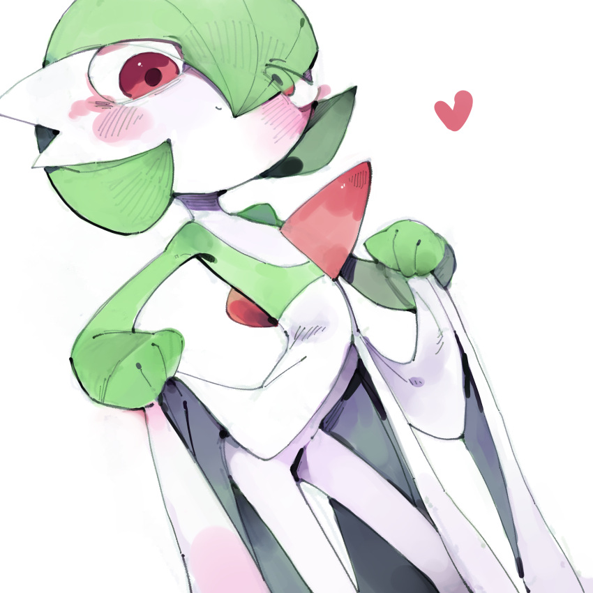 absurdres blush bob_cut clothes_lift colored_skin dress dress_lift gardevoir green_hair heart highres multicolored_skin pink_eyes pokemon pokemon_(creature) simple_background smile two-tone_skin white_background white_dress white_skin youjo_modoki