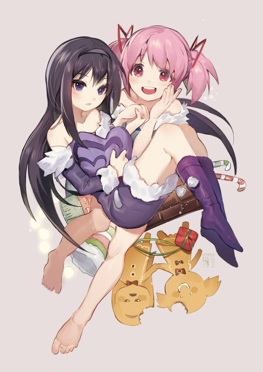 absurdres akemi_homura bare_legs bare_shoulders barefoot black_hair black_hairband candy candy_cane chocolate commentary dress food fur_trim gingerbread_cookie hair_ribbon hairband highres holding_hands kaname_madoka long_hair magical_girl mahou_shoujo_madoka_magica multiple_girls open_mouth pink_eyes pink_hair purple_dress purple_eyes purple_legwear purple_pillow ribbon short_twintails simple_background smile twintails velahka