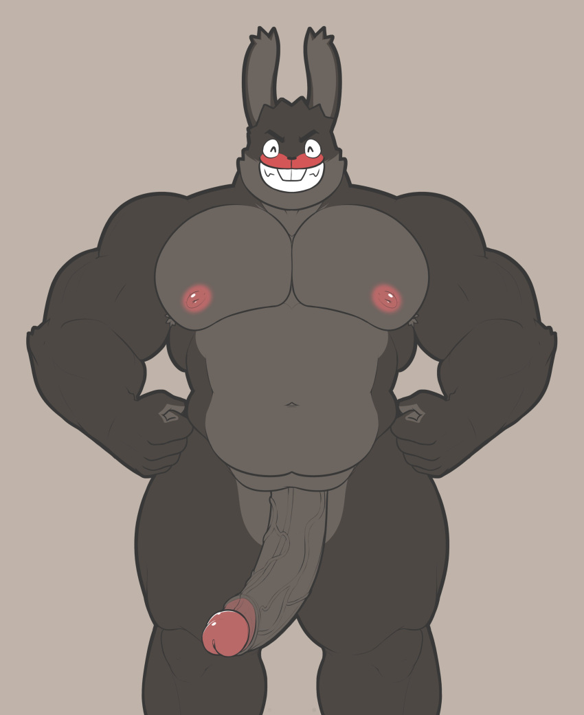 absurd_res anthro barazoku big_pecs big_penis black_body black_fur erection fur genitals hi_res humanoid_genitalia humanoid_penis lagomorph leporid male mammal musclegut muscular muscular_arms navel nipples palchamon pecs penis pink_nipples rabbit red_body red_fur smile smirk solo teeth thick_thighs yamcha_(palchamon)