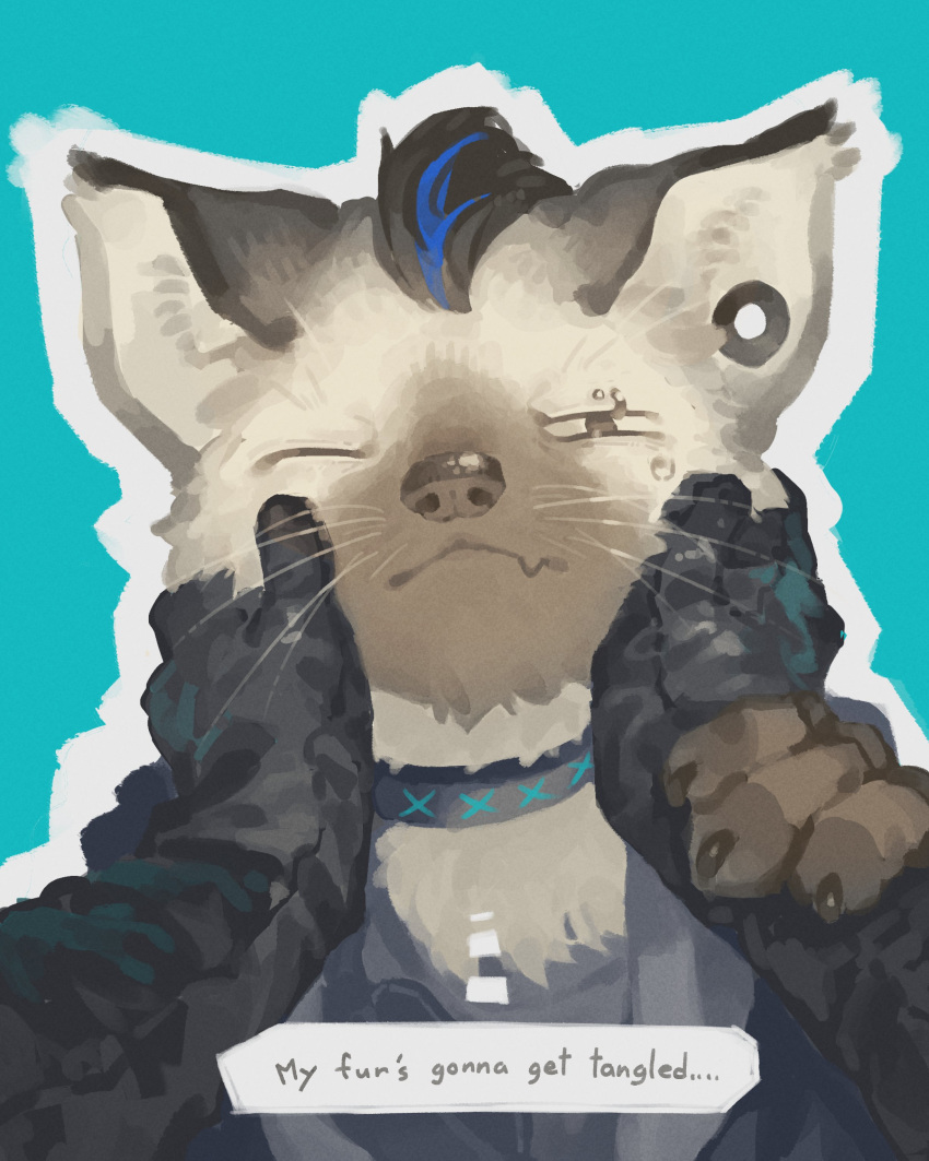 2024 absurd_res anthro arknights black_hair blue_hair claws clothed clothing collar cute_fangs duo ear_piercing english_text eyebrow_piercing facial_piercing first_person_view fur gloves grey_body grey_fur guni_shi3 hair hand_holding handwear hi_res hyena hypergryph looking_at_viewer male mammal one_eye_closed piercing speech_bubble spot_(arknights) spotted_hyena studio_montagne text topwear touching_face
