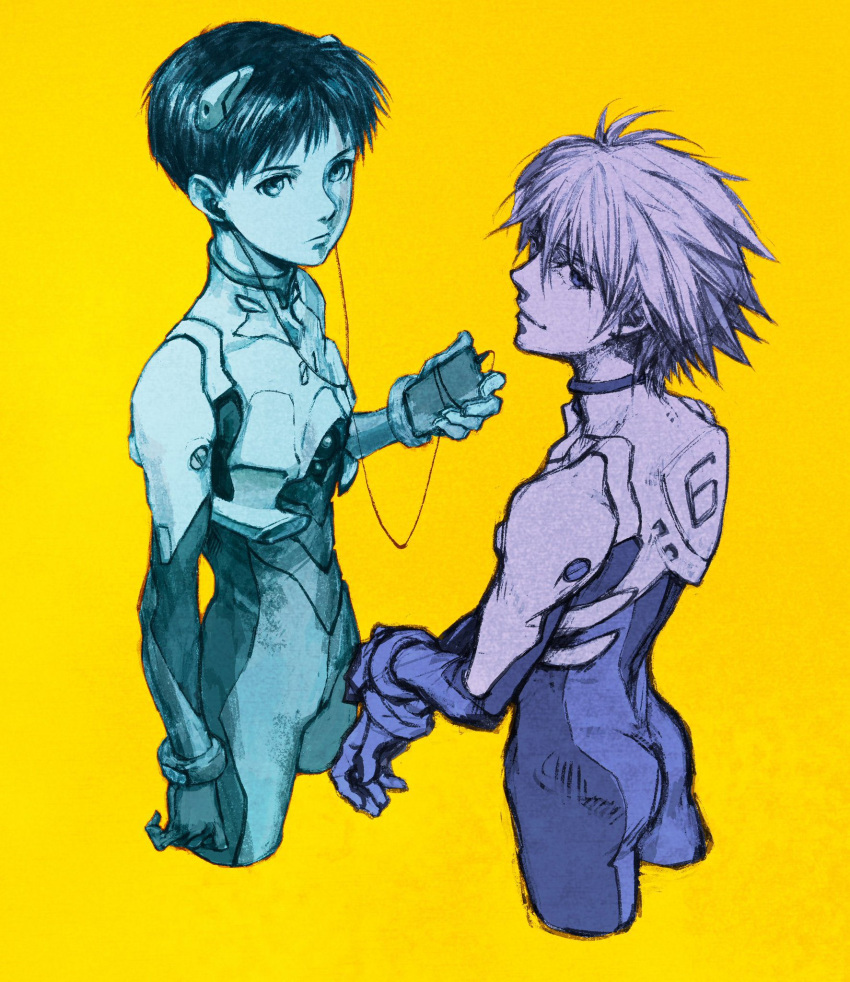 2boys cassette_player commentary_request earbuds earphones expressionless headgear highres ikari_shinji iwamoto_tatsurou looking_at_viewer male_focus multiple_boys multiple_monochrome nagisa_kaworu neon_genesis_evangelion plugsuit rebuild_of_evangelion simple_background smile yellow_background