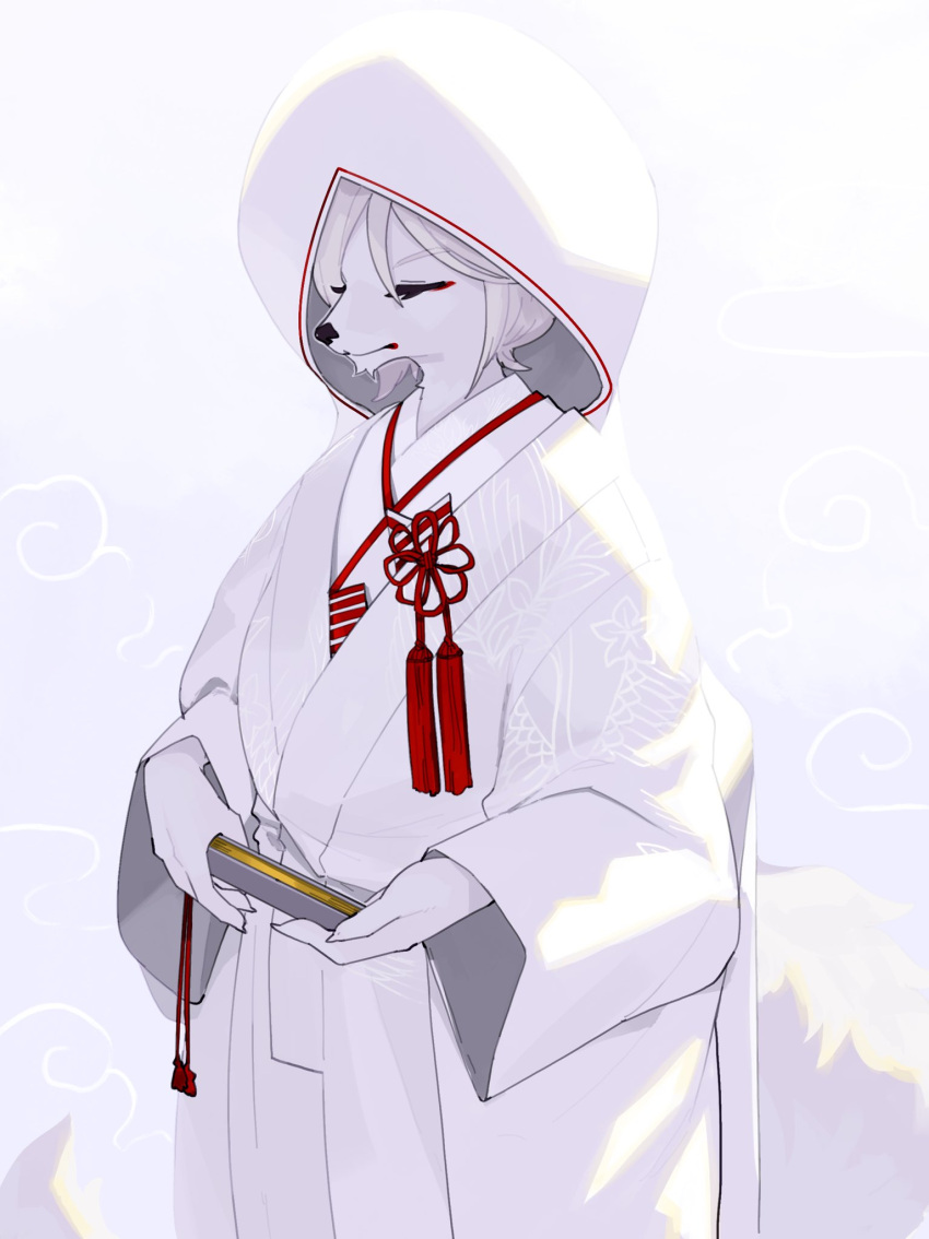 2024 ambiguous_gender anthro asian_clothing canid canine clothed clothing east_asian_clothing eyes_closed fox fur hair hi_res holding_object japanese_clothing kame_3 kimono mammal simple_background solo tail white_background white_body white_fur white_hair white_tail