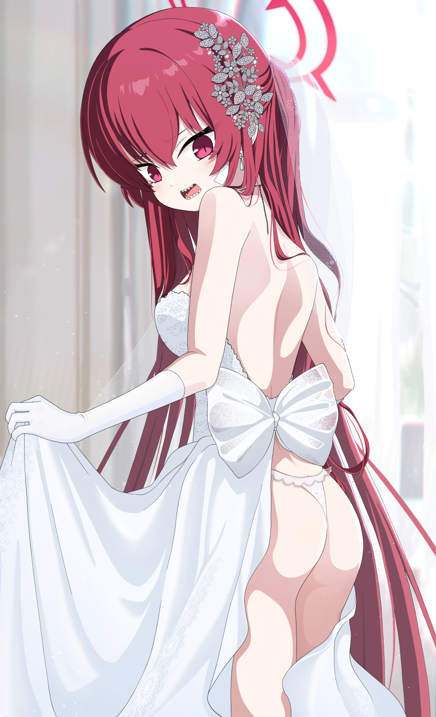 1girl absurdres alternate_costume ass back blue_archive blush breasts dress earrings gloves hair_between_eyes hair_ornament halo highres jewelry kokolokokomika long_hair looking_back medium_breasts open_mouth panties rabu_(blue_archive) red_eyes red_hair red_halo sharp_teeth solo strapless strapless_dress teeth underwear wardrobe_malfunction wedding_dress white_dress white_gloves white_panties