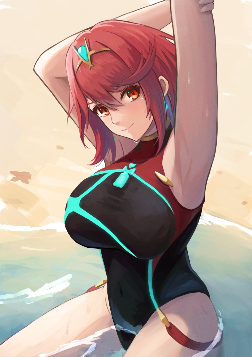 1girl armpits arms_up bare_shoulders beach blurry breasts covered_navel earrings from_below highres jewelry labebebe_lee large_breasts one-piece_swimsuit partially_submerged pyra_(pro_swimmer)_(xenoblade) pyra_(xenoblade) red_eyes red_hair sand short_hair solo swimsuit tiara water xenoblade_chronicles_(series) xenoblade_chronicles_2