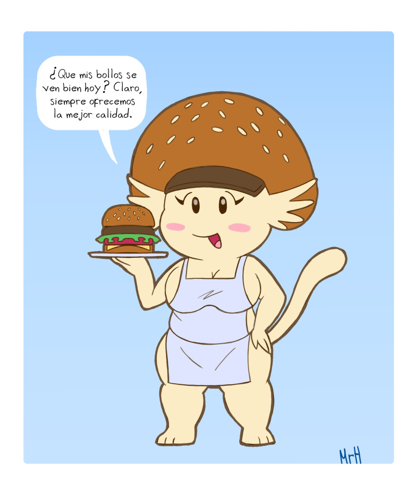 5:6 anthro apron bandai_namco big_breasts border breasts burger burgermon cheese clothing dairy_products dialogue digimon digimon_(species) el_senor_erizo eyelashes female food hat headgear headwear hi_res humor mostly_nude open_mouth simple_background slightly_chubby smile solo spanish_text speech_bubble tail text thick_thighs white_border