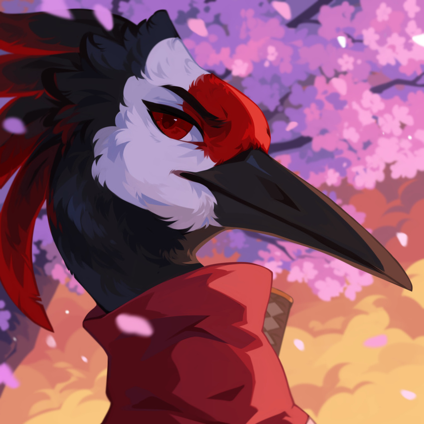 1:1 ambiguous_form ambiguous_gender avian beak black_body black_feathers cherry_blossom corzh77 feathers glistening glistening_eyes head_feathers hi_res looking_at_viewer markings mouth_closed plant red_body red_eyes red_feathers red_markings solo white_markings