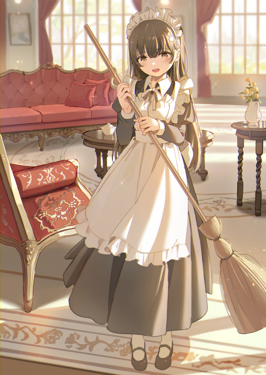 1girl :d apron black_dress black_footwear broom brown_eyes brown_hair commentary_request couch curtains dress flower frilled_apron frills highres holding holding_broom indoors juliet_sleeves long_hair long_sleeves looking_at_viewer maid maid_apron maid_headdress original pantyhose pillow pleated_dress puffy_sleeves shii_(kairi-t-k0317) shoes smile solo standing table vase very_long_hair white_apron white_pantyhose window yellow_flower