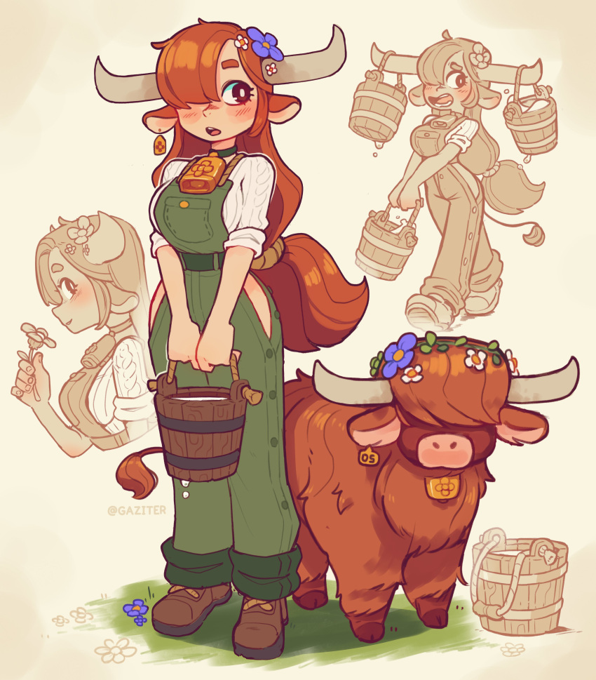 absurdres animal_ears boots breasts brown_eyes brown_footwear brown_hair bucket cow cow_ears cow_girl cow_horns gaziter green_overalls highres holding holding_bucket horns long_hair medium_breasts open_mouth original ponytail