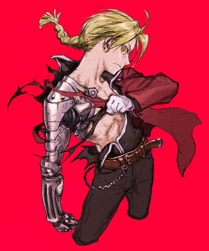 1boy belt black_pants blonde_hair closed_mouth commentary_request cropped_legs edward_elric fullmetal_alchemist highres iwamoto_tatsurou jacket long_hair male_focus mechanical_arms pants red_background red_jacket simple_background single_mechanical_arm solo torn_clothes torn_jacket yellow_eyes