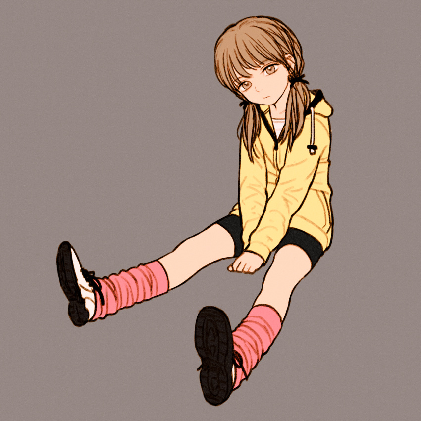 1girl brown_eyes brown_hair expressionless full_body grey_background highres hood hoodie looking_at_viewer loose_socks low_twintails medium_hair original own_hands_together rustle shoes shorts simple_background sneakers socks solo twintails