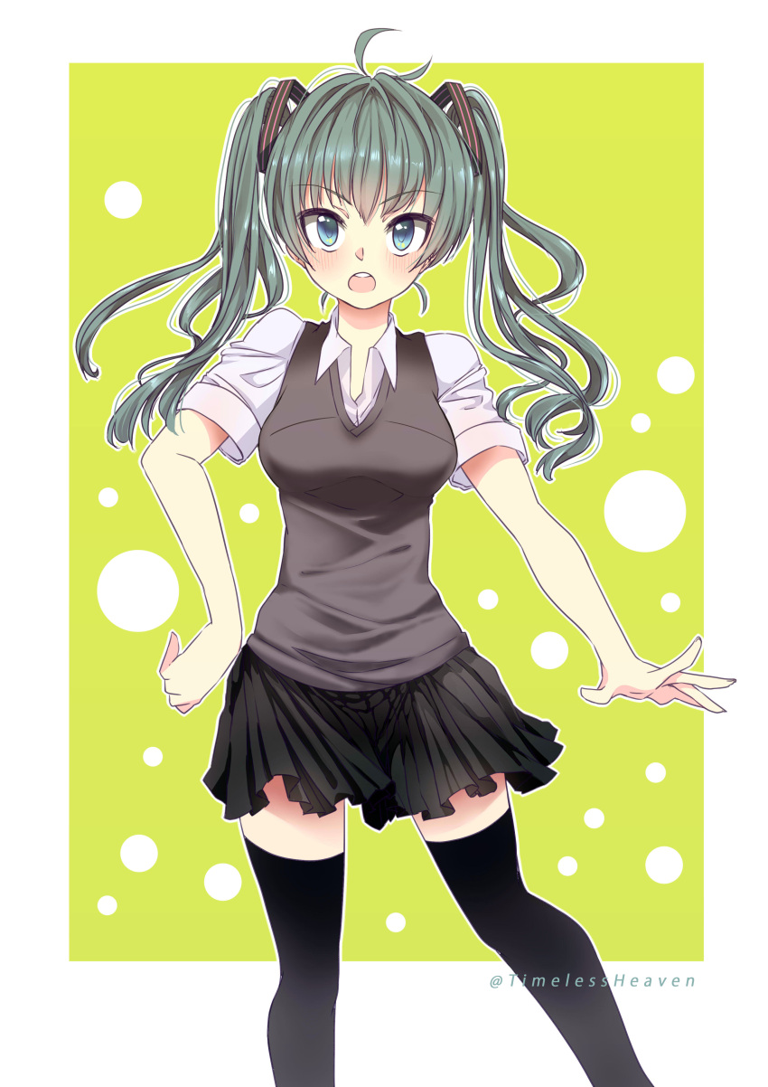1girl :o absurdres ahoge alternate_costume aqua_eyes aqua_hair black_skirt black_thighhighs border circle collared_shirt green_background grey_vest hand_on_own_hip hatsune_miku highres inset_border light_blush long_hair looking_at_viewer open_mouth outline shirt skirt solo standing teeth thighhighs timelessheaven twintails twitter_username upper_teeth_only vest vocaloid white_border white_outline white_shirt