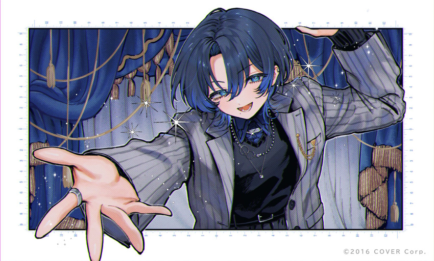 1girl :d belt black_belt black_vest blue_eyes blue_hair blue_shirt border collared_shirt commentary_request copyright_notice curtains earclip grey_jacket hand_up highres hiodoshi_ao hololive hololive_dev_is jacket jewelry lapels looking_at_viewer medium_hair mole mole_under_eye mole_under_mouth multiple_necklaces murasaki_pomeranian necklace notched_lapels official_art outstretched_hand pinstripe_jacket pinstripe_pattern reaching reaching_towards_viewer reverse_trap ring shirt shirt_tucked_in smile solo striped_clothes striped_jacket suit_jacket upper_body vertical-striped_clothes vertical-striped_jacket vest virtual_youtuber white_border