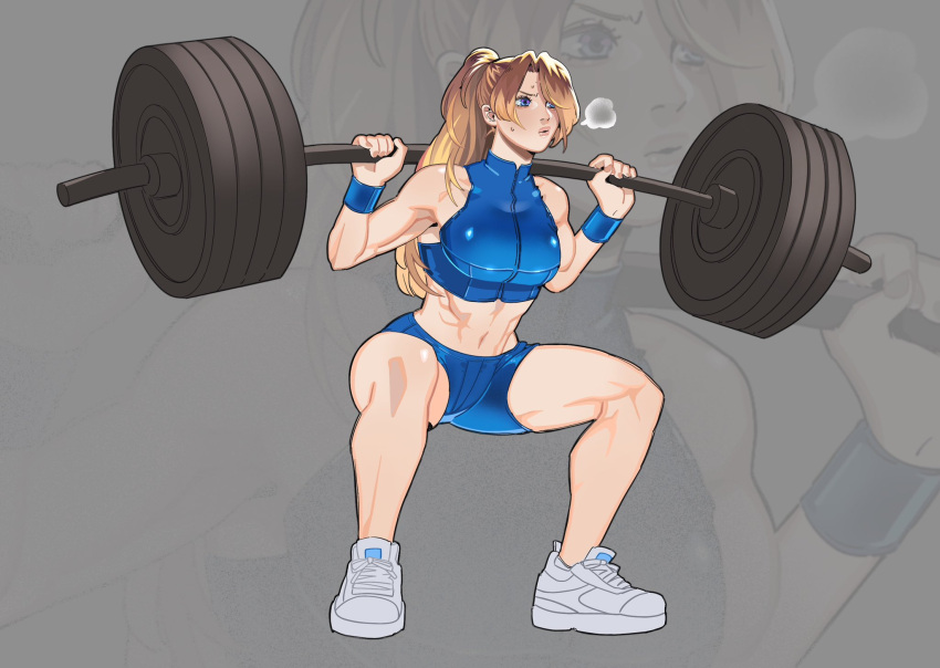 1girl barbell bare_shoulders blonde_hair blue_eyes blue_wristband breasts commentary cross-laced_footwear exercise full_body hair_intakes high_ponytail highres large_breasts long_hair metroid midriff muscular muscular_female pajaronaa puff_of_air samus_aran shoes solo squatting weightlifting weights white_footwear zoom_layer