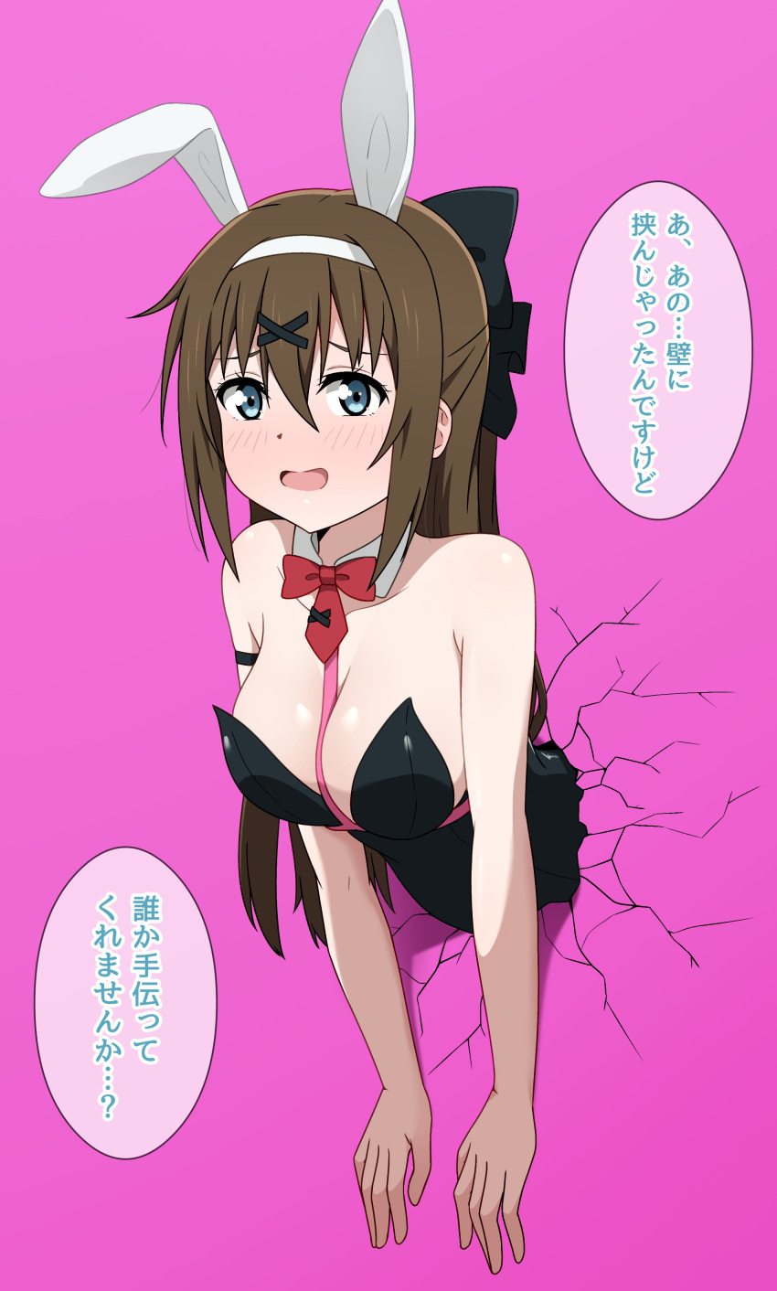 1girl absurdres animal_ears arm_strap bare_shoulders black_bow black_leotard blue_eyes blush bow breasts commentary_request detached_collar fake_animal_ears furrowed_brow hair_between_eyes hair_bow hair_ornament hairband half_updo highres hoenn_(jgm1102) leotard long_hair looking_at_viewer love_live! love_live!_nijigasaki_high_school_idol_club medium_breasts open_mouth osaka_shizuku pink_background rabbit_ears sidelocks solo speech_bubble strapless strapless_leotard through_wall translation_request upper_body white_hairband x_hair_ornament