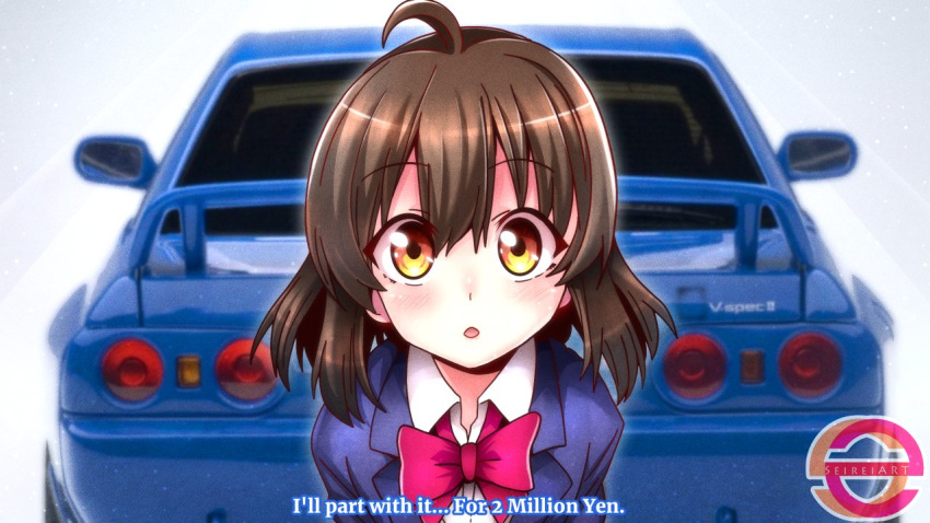 1girl ahoge blue_jacket blush bow bowtie brown_hair car collared_shirt commentary english_commentary english_text gt-girl jacket looking_at_viewer motor_vehicle nissan_skyline nissan_skyline_gt-r nissan_skyline_r32 parted_lips pink_bow pink_bowtie sato_hinata school_uniform seireiart shirt short_hair simple_background solo spoiler_(automobile) sports_car tail_lights upper_body watermark white_background white_shirt yellow_eyes