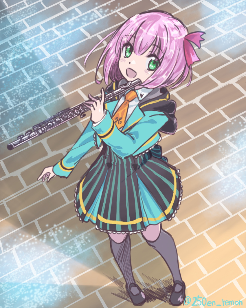 1girl 250en_remon black_footwear collarbone flute full_body green_eyes hair_ornament higashikanade_academy_uniform highres holding holding_flute holding_instrument instrument necktie open_mouth pink_hair raramagi short_hair skirt socks solo standing striped_clothes striped_skirt vertical-striped_clothes vertical-striped_skirt watermark yuuki_nanami