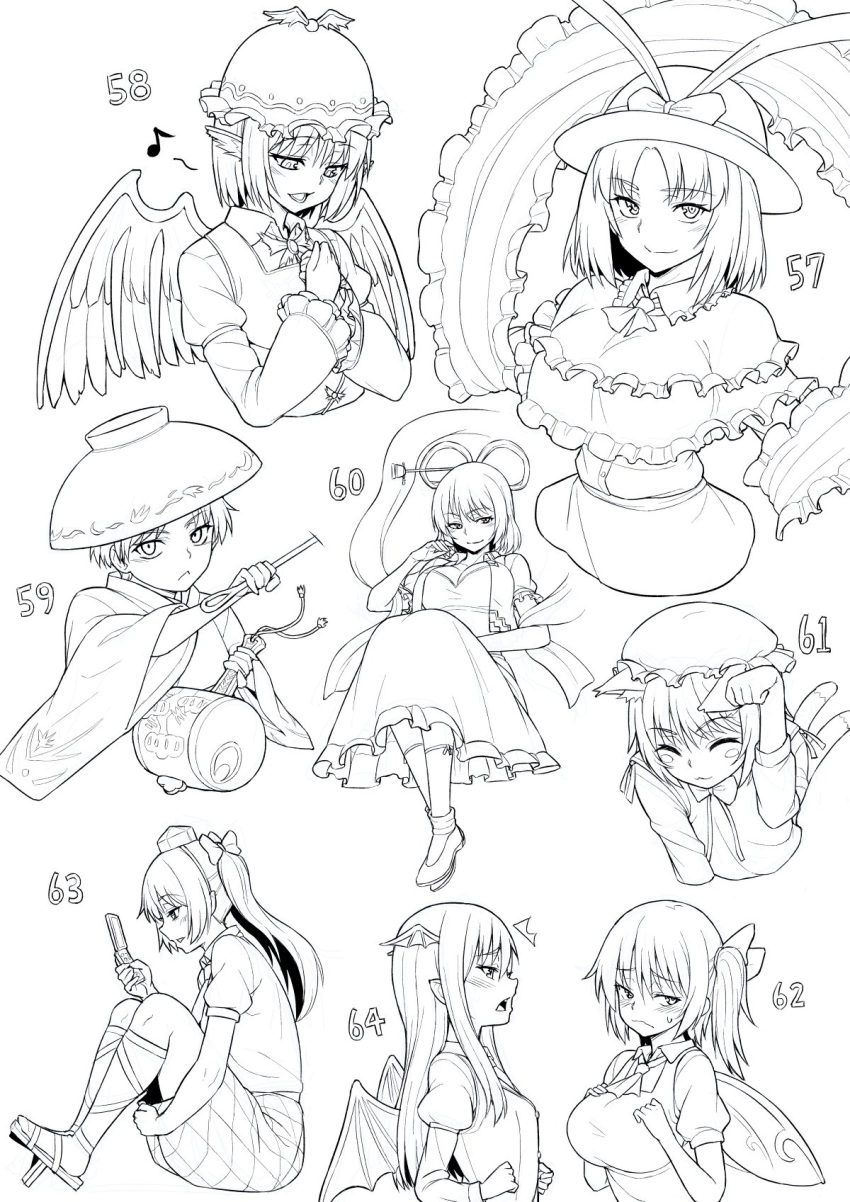 6+girls animal_ears bat_wings bow bowl bowl_hat breast_envy breasts capelet cat_ears cat_girl cat_tail chen chisel commentary_request daiyousei dress fairy_wings frilled_capelet frilled_shawl frills hair_bow hair_ribbon hat hat_bow head_wings high_contrast highres himekaidou_hatate japanese_clothes kakone kaku_seiga kimono knees_up koakuma large_breasts long_hair looking_at_viewer miracle_mallet monochrome multiple_girls multiple_tails multiple_wings musical_note mystia_lorelei nagae_iku needle_sword open_mouth ribbon shawl short_hair side_ponytail simple_background sitting sukuna_shinmyoumaru tail tokin_hat touhou two_tails wide_sleeves winged_hat wings