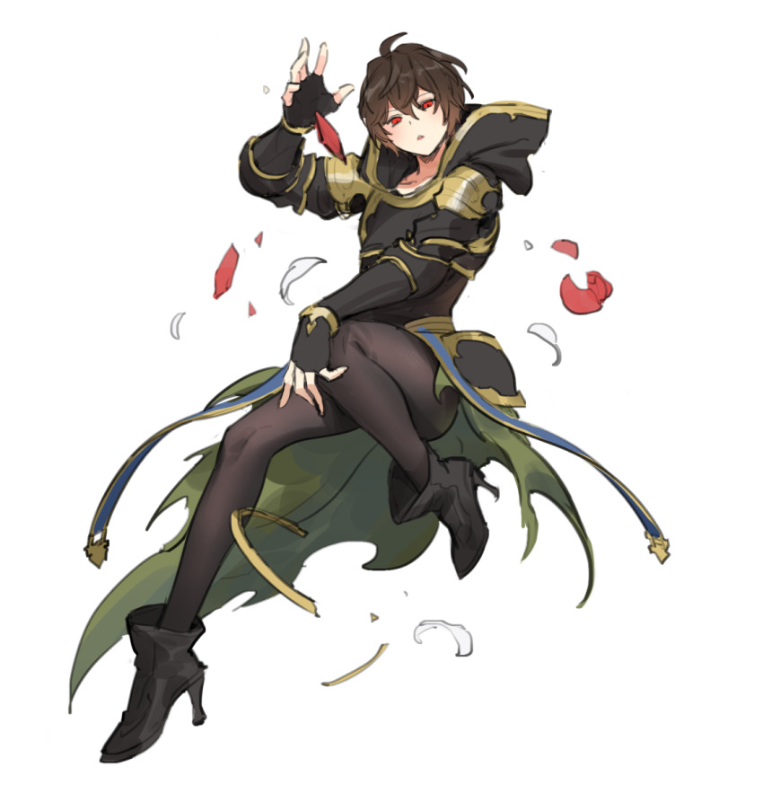 1boy ahoge arm_up belt blue_belt boots brown_hair cape commentary commentary_request expressionless falling_feathers falling_petals feathers full_body gloves granblue_fantasy green_cape hair_between_eyes hand_on_own_knee high_heel_boots high_heels hood hood_down knee_up looking_at_viewer male_focus messy_hair parted_lips petals red_eyes sandalphon_(granblue_fantasy) short_hair sitting solo tki white_background