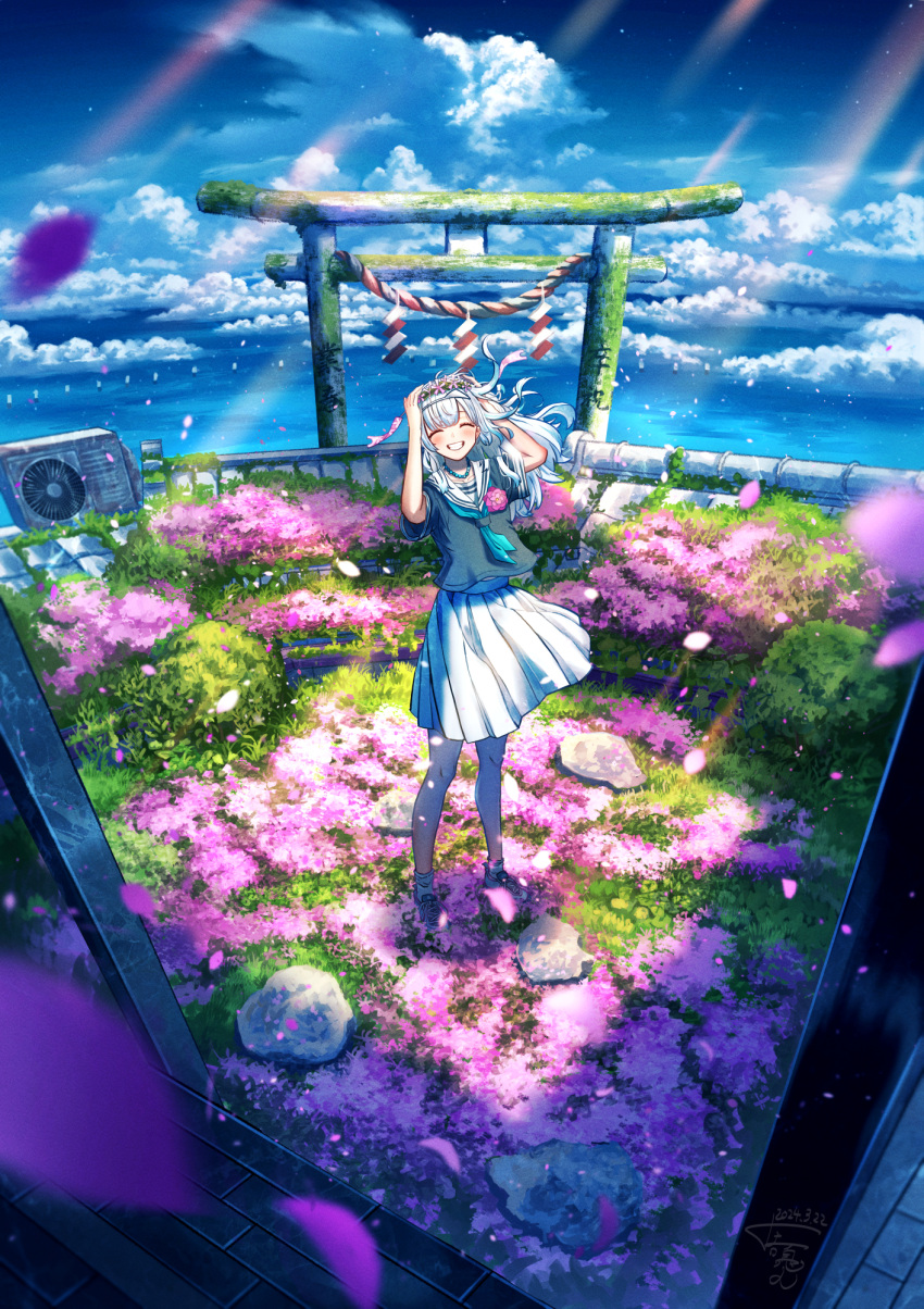 1girl air_conditioner black_shirt blue_sky cherry_blossoms closed_eyes cloud commentary_request cumulonimbus_cloud doorway fantasy floating_hair grass grin head_wreath highres ocean original outdoors pleated_skirt sail sailor_collar shirt short_hair shuu_illust skirt sky smile solo standing summer sunlight torii white_hair white_sailor_collar white_skirt