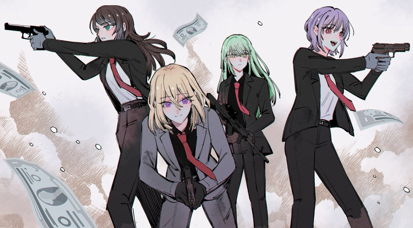 4girls bang_dream! bang_dream!_it's_mygo!!!!! banknote black_jacket black_pants black_shirt black_suit brown_eyes brown_hair closed_mouth collared_shirt commentary dollar_bill green_eyes green_hair grey_jacket grey_pants grey_suit gun handgun holding holding_gun holding_weapon jacket long_hair long_sleeves maybecrosswise misumi_uika money multiple_girls necktie open_mouth pants parted_lips purple_eyes red_eyes red_necktie shirt smile smoke suit suit_jacket wakaba_mutsumi weapon white_shirt yahata_umiri yuutenji_nyamu