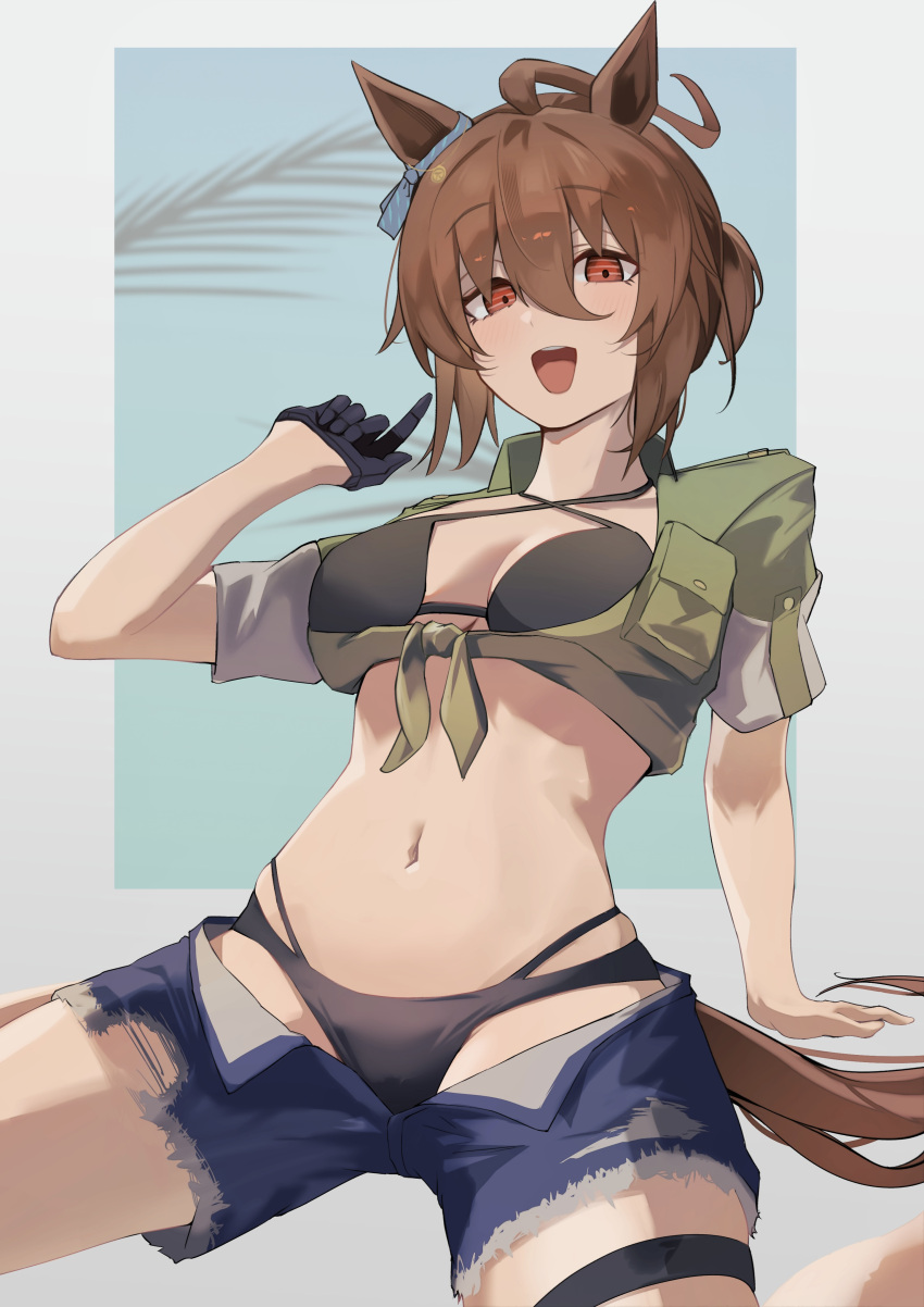 1girl absurdres agnes_tachyon_(lunatic_lab)_(umamusume) agnes_tachyon_(umamusume) ahoge animal_ears bikini black_bikini blue_background blue_shorts breasts brown_eyes brown_hair commentary_request criss-cross_halter ear_ornament feet_out_of_frame from_below green_jacket groin hair_between_eyes halterneck highres horse_ears horse_girl horse_tail huge_ahoge jacket micro_shorts midriff navel official_alternate_costume official_alternate_hairstyle open_mouth sei_(bigaa) shaded_face short_ponytail shorts sitting sketch smile solo strap_pull swimsuit tail thigh_strap tied_jacket torn_clothes torn_shorts two-tone_background umamusume wariza