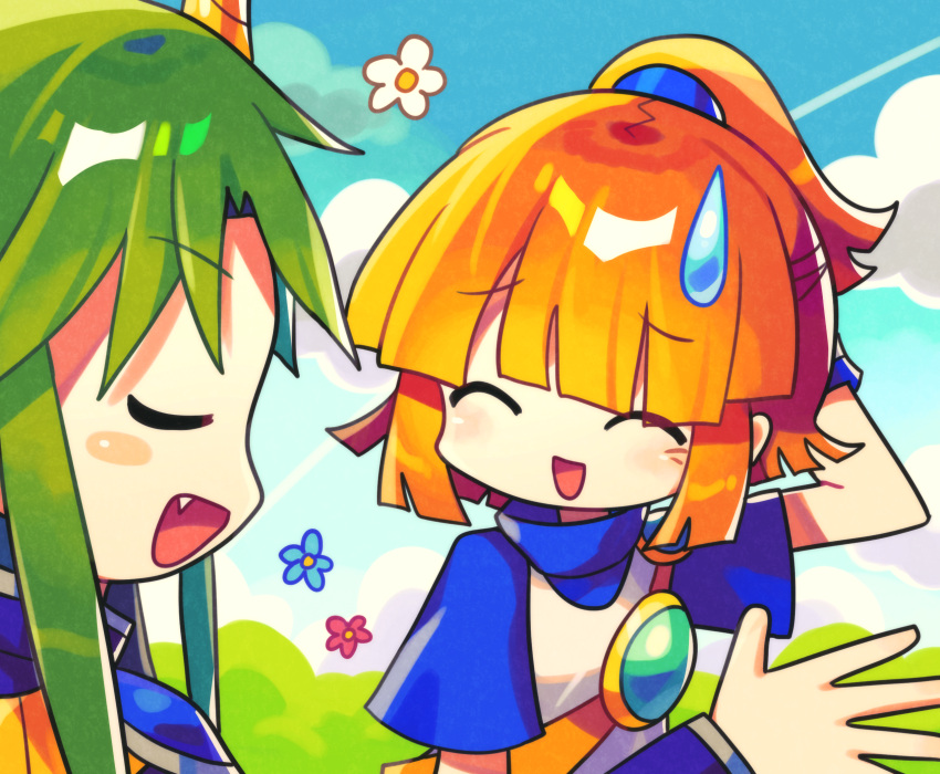 1boy 1girl arle_nadja blunt_bangs brown_hair closed_eyes day demon_horns fang green_hair highres horns long_hair offbeat open_mouth outdoors puyopuyo satan_(puyopuyo) short_hair short_ponytail short_sleeves sweatdrop