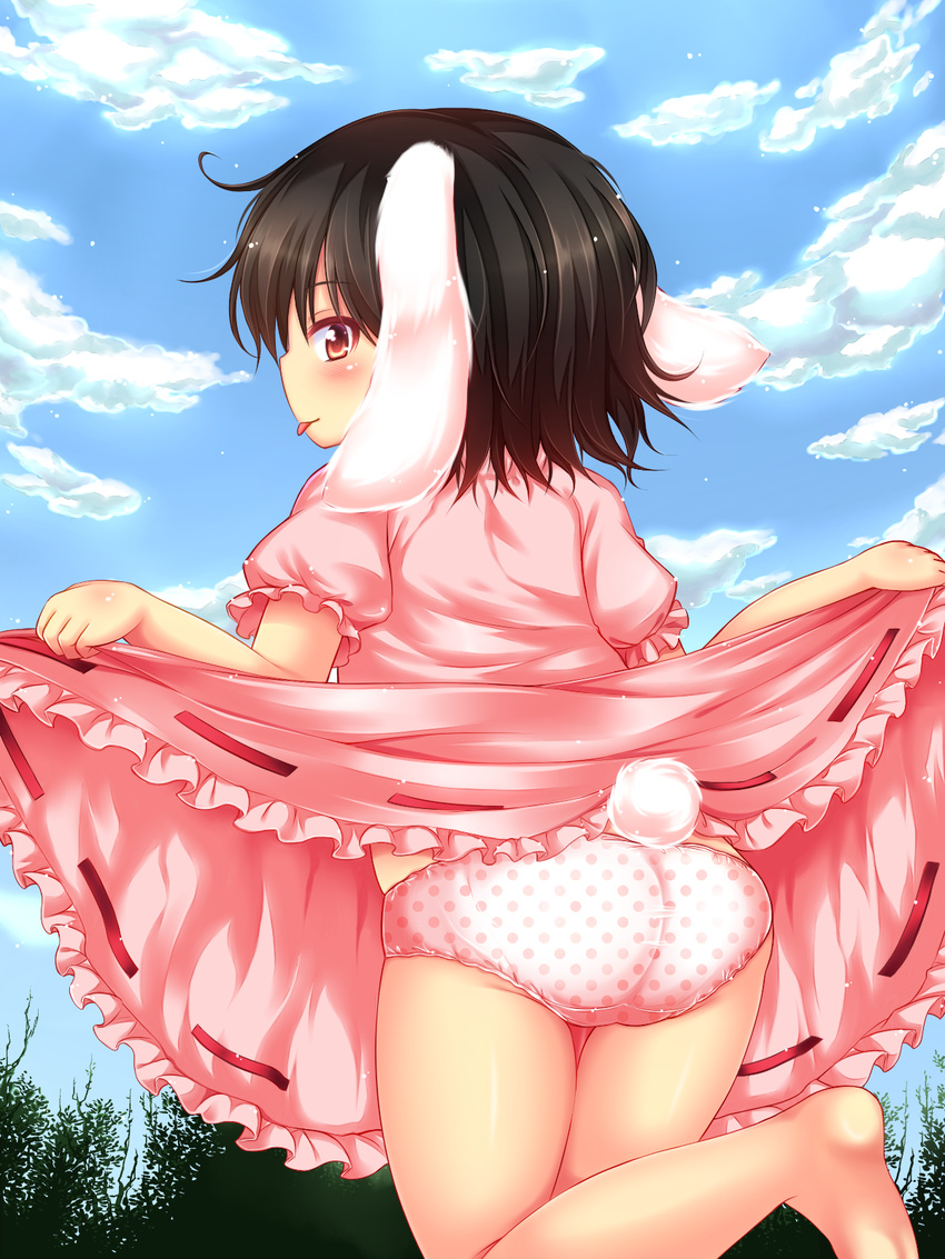 :p animal_ears ass black_hair brown_eyes bunny_ears bunny_tail dress dress_lift from_behind highres inaba_tewi looking_back panties polka_dot polka_dot_panties rena_(riries) short_hair solo tail tongue tongue_out touhou underwear