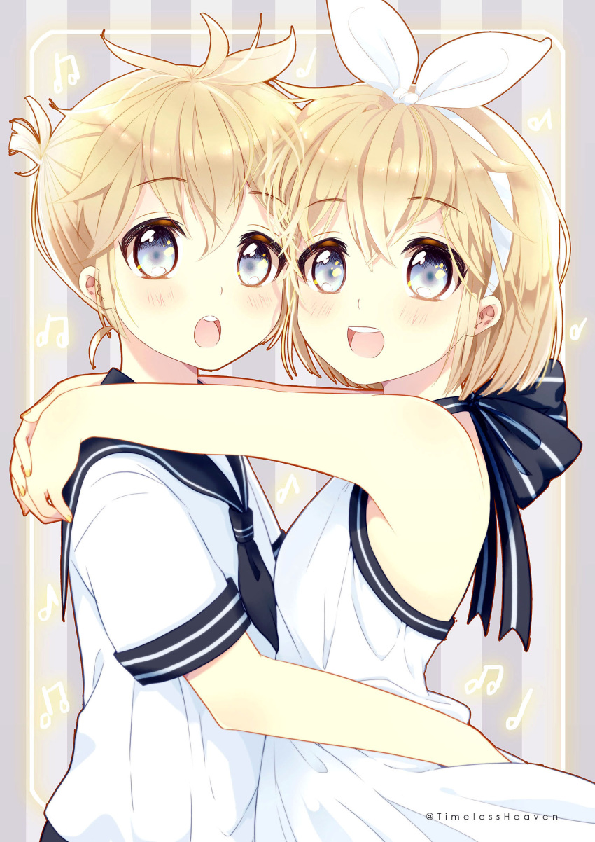 1boy 1girl :o alternate_costume bare_shoulders blue_eyes blue_neckerchief blue_sailor_collar border bow brother_and_sister grey_background hair_between_eyes hair_bow hairband highres hug inset_border kagamine_len kagamine_rin light_blush musical_note neckerchief open_mouth sailor_collar school_uniform serafuku short_hair short_ponytail siblings smile striped_background striped_bow teeth timelessheaven twins twitter_username upper_teeth_only vocaloid white_bow white_hairband white_serafuku yellow_border