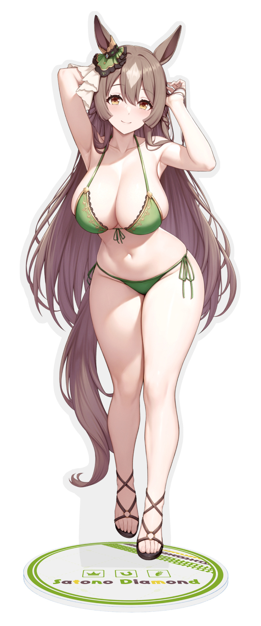 1girl absurdres acrylic_stand_(object) animal_ears armpits arms_up bare_legs bare_shoulders bikini breasts brown_eyes brown_hair character_name collarbone curvy ear_ornament feet front-tie_bikini_top front-tie_top full_body green_bikini highres horse_ears huge_breasts kannko_bokujou legs long_hair looking_at_viewer navel revision sandals satono_diamond_(umamusume) side-tie_bikini_bottom smile solo standing swimsuit thighs toeless_footwear toenails toes umamusume very_long_hair