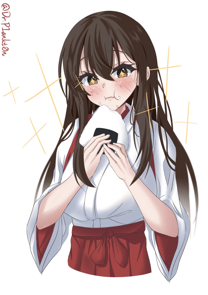 1girl akagi_(kancolle) blush breasts brown_eyes brown_hair dr.plankton eating food food_on_face hakama hakama_short_skirt hakama_skirt highres japanese_clothes kantai_collection large_breasts long_hair onigiri red_hakama rice rice_on_face side_ponytail skirt smile sparkle sparkling_eyes twitter_username