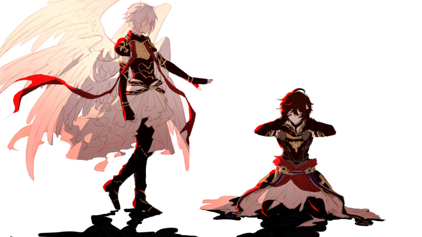 ahoge armor breastplate brown_hair cape commentary commentary_request elbow_gloves faceless feathered_wings fingerless_gloves gloves granblue_fantasy hair_between_eyes hands_on_own_face highres hood hood_down kneeling looking_at_another lucifer_(shingeki_no_bahamut) messy_hair multiple_boys no_eyes pollity reaching_towards_another red_light sandalphon_(granblue_fantasy) shadow short_hair walking white_background white_cape white_hair wings yandere_trance
