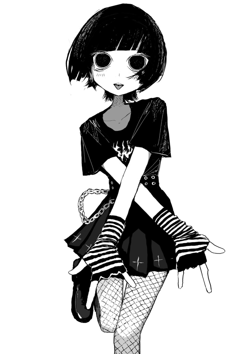 1girl \m/ blunt_bangs chain crossed_arms dilated_pupils earrings fingerless_gloves fishnet_pantyhose fishnets foot_out_of_frame gloves greyscale highres jewelry kyohai_9 leg_up looking_at_viewer miniskirt monochrome open_mouth original pantyhose pleated_skirt print_shirt shirt short_hair simple_background skirt solo standing standing_on_one_leg striped_clothes striped_gloves t-shirt tongue tongue_out white_background
