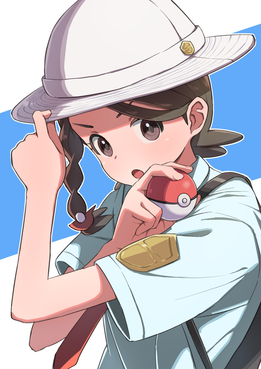 1girl :o backpack bag braid brown_eyes brown_hair collared_shirt commentary_request hand_on_headwear hat highres holding holding_poke_ball juliana_(pokemon) necktie neko_(hansinn) open_mouth orange_necktie poke_ball poke_ball_(basic) pokemon pokemon_sv school_uniform shirt short_sleeves solo upper_body white_hat