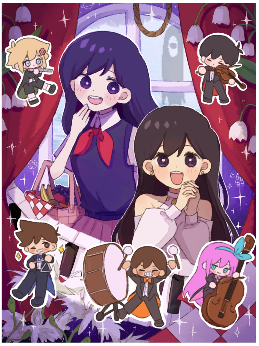 aubrey_(faraway)_(omori) aubrey_(omori) basil_(faraway)_(omori) basil_(omori) blonde_hair blue_eyes blush brown_eyes brown_hair cello closed_eyes collared_shirt dress drumsticks earrings flower hair_flower hair_ornament hero_(faraway)_(omori) hero_(omori) highres holding holding_drumsticks instrument jewelry kel_(faraway)_(omori) kel_(omori) long_sleeves looking_at_viewer mari_(faraway)_(omori) mari_(headspace)_(omori) mari_(omori) mugi062 omori one_eye_closed own_hands_clasped own_hands_together pink_hair pleated_skirt purple_eyes purple_hair red_skirt shirt skirt smile something_(omori) stud_earrings sunny_(omori) teeth triangle_(instrument) upper_teeth_only violin white_dress window