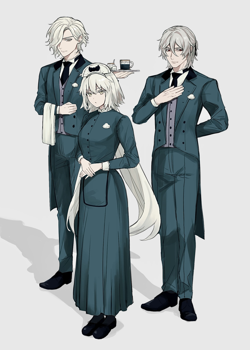 1girl 2boys alternate_costume antonio_salieri_(fate) arms_behind_back badge black_footwear black_necktie breasts buttons coffee_mug collared_shirt cup edmond_dantes_(fate) expressionless fate/grand_order fate_(series) frilled_shirt_collar frills full_body green_jacket green_pants green_shirt green_skirt grey_background grey_eyes grey_hair hair_between_eyes hair_over_one_eye hairband hand_on_own_chest hand_up highres holding holding_tray jacket jeanne_d'arc_alter_(fate) light_smile long_hair long_skirt long_sleeves looking_at_viewer mug multiple_boys necktie own_hands_together pants parted_lips red_eyes shadow shirt short_hair sidelocks simple_background skirt split_ponytail sugar_cube sumi_(gfgf_045) towel_on_arm tray unbuttoned very_long_hair white_hairband white_shirt