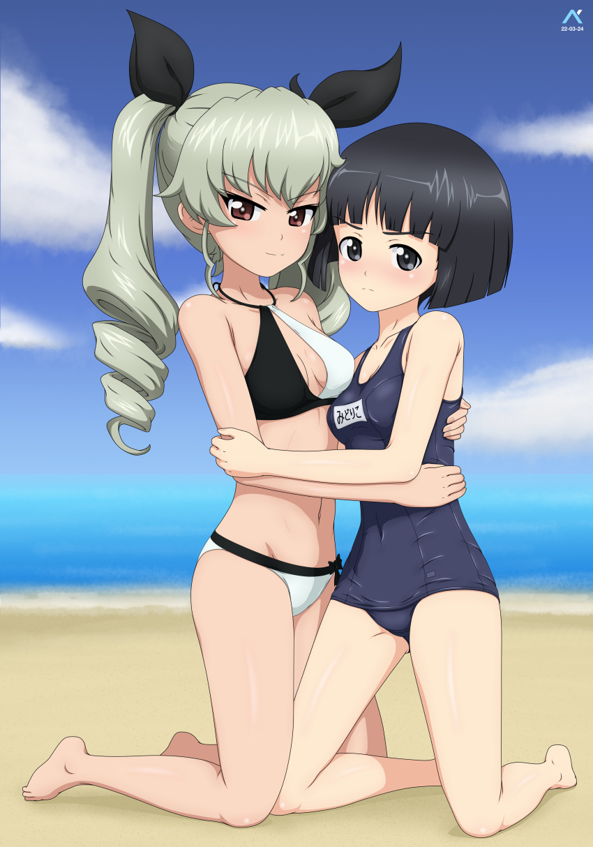 2girls absurdres acrux anchovy_(girls_und_panzer) beach bikini black_hair blue_one-piece_swimsuit blunt_bangs blunt_ends blush bob_cut breasts brown_eyes cleavage closed_mouth drill_hair girls_und_panzer green_hair grey_eyes hair_ribbon highres long_hair looking_at_viewer multiple_girls navel ocean one-piece_swimsuit outdoors ribbon short_hair sky small_breasts smile sono_midoriko swimsuit twin_drills twintails yuri