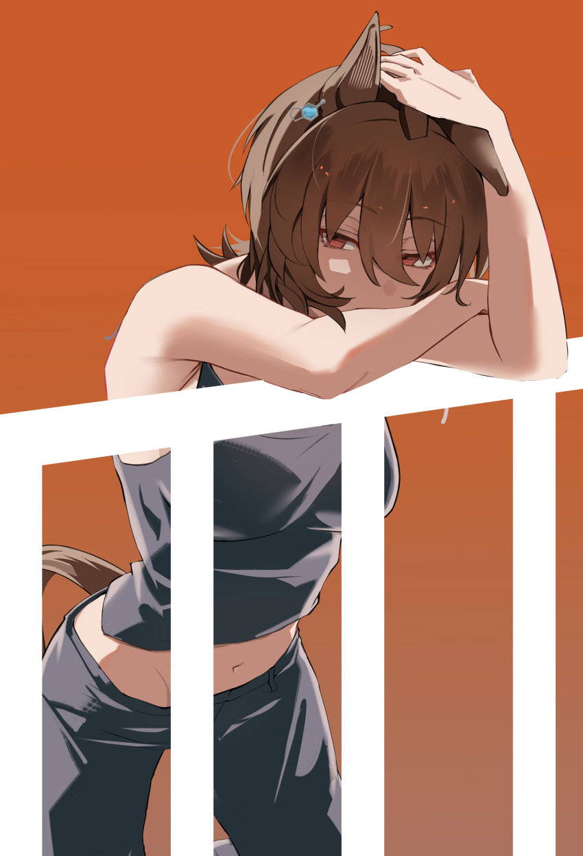 1girl absurdres against_railing agnes_tachyon_(umamusume) ahoge alternate_costume animal_ears black_pants black_tank_top breasts brown_hair cleavage commentary_request cowboy_shot earrings hand_on_own_head head_rest highres horse_ears horse_girl horse_tail jewelry large_breasts messy_hair midriff navel necklace orange_background pants railing red_eyes sei_(bigaa) shadow short_hair simple_background single_earring solo tail tank_top umamusume