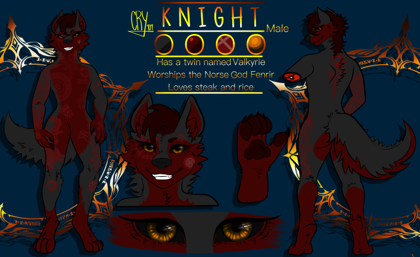 absurd_res anthro black_body canid canine canis cry_909 hair hi_res knight_(tehmayhem) male mammal model_sheet norse northwestern_wolf red_body red_hair solo tattoo warrior wolf yellow_eyes