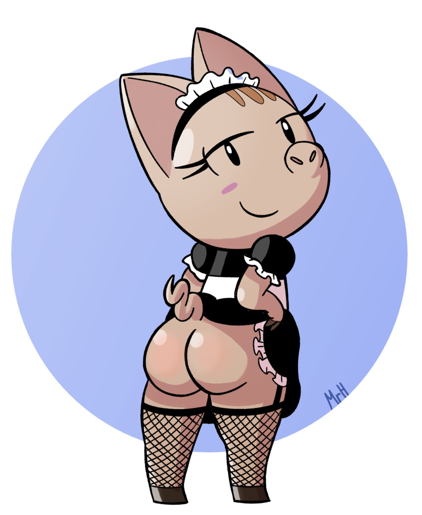 big_butt butt clothed clothing domestic_pig dress el_senor_erizo eyelashes female fishnet fishnet_legwear headgear hi_res jamoncita legwear looking_at_viewer maid_uniform mammal narrowed_eyes seductive simple_background smile solo suid suina sus_(pig) thick_thighs uniform upskirt