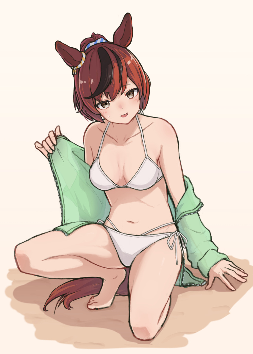 1girl absurdres alternate_costume animal_ears bare_shoulders bikini blush breasts brown_eyes cleavage cocoa_inryo collarbone commentary_request ear_ornament green_sweater highres horse_ears horse_girl horse_tail kneeling medium_breasts navel nice_nature_(umamusume) ocean ponytail red_hair sand side-tie_bikini_bottom simple_background smile solo sweater swimsuit tail umamusume water white_background white_bikini