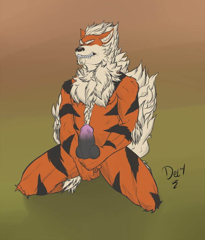 abs anthro anthrofied arcanine ball_fondling balls biceps big_penis black_fur body_hair canine chest_hair delicatessen dowski erection eyes_closed fur hairy_chest holding_balls holding_penis kneeling knot knot_grab kyros kyros_(dowski) male mammal masturbation muscles nintendo nude pecs penis plain_background pok&#233;mon pok&eacute;mon solo video_games