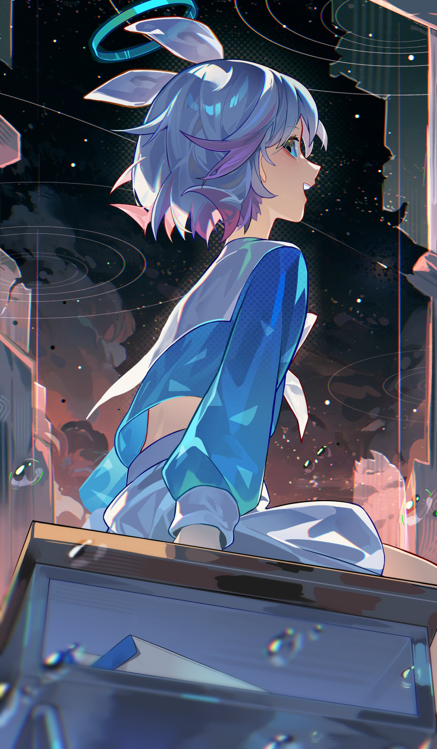 1girl absurdres arona_(blue_archive) blue_archive blue_eyes blue_hair blue_halo commentary desk feet_out_of_frame halo highres hiro_(yoshi_chan) long_sleeves looking_at_viewer looking_back open_mouth school_desk short_hair sitting skirt smile solo symbol-only_commentary white_skirt