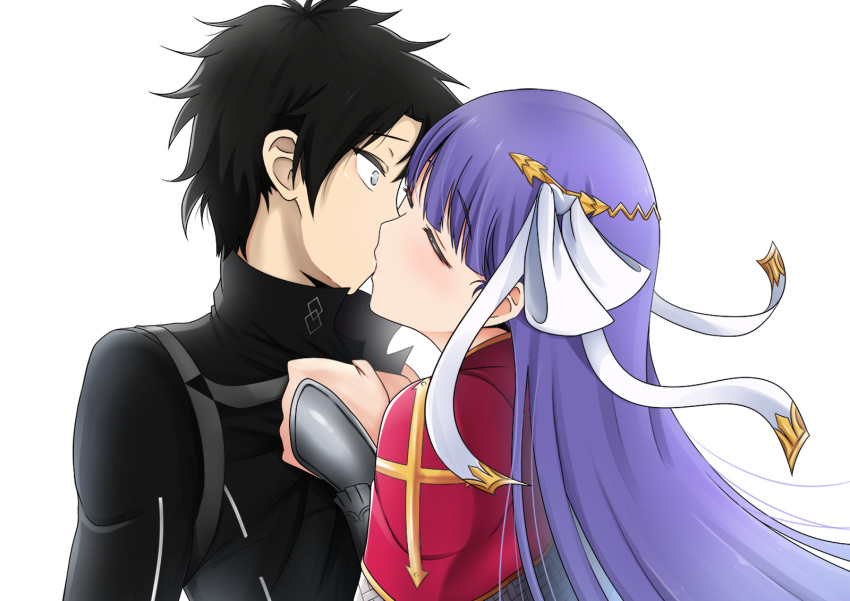 1boy 1girl black_hair black_shirt blush bow closed_eyes commission cross english_commentary fate/grand_order fate_(series) fujimaru_ritsuka_(male) fujimaru_ritsuka_(male)_(polar_chaldea_uniform) hair_bow hair_ribbon hetero highres kiss kuroakei long_hair martha_(fate) pixiv_commission purple_hair ribbon shirt shirt_grab simple_background upper_body very_long_hair white_background white_bow wide-eyed