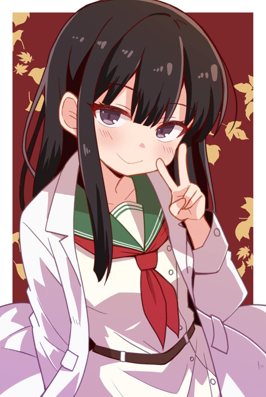 1girl arm_behind_back autumn_leaves belt black_eyes black_hair bow bowtie brown_belt closed_mouth collar commentary_request cowboy_shot green_collar hand_up highres lab_coat leaf light_blush long_hair looking_at_viewer maple_leaf original red_bow red_bowtie school_uniform serafuku simple_background smile solo v white_serafuku yukinagi