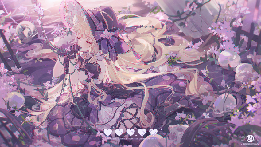 1girl animal_ear_fluff animal_ears bare_shoulders black_thighhighs blonde_hair blush broken_heart chain closed_eyes commission detached_sleeves dress flower hat heart highres kiss kissing_skull long_hair original plant purple_dress purple_sleeves short_sleeves skull solo thighhighs umehara_sei very_long_hair vines witch witch_hat