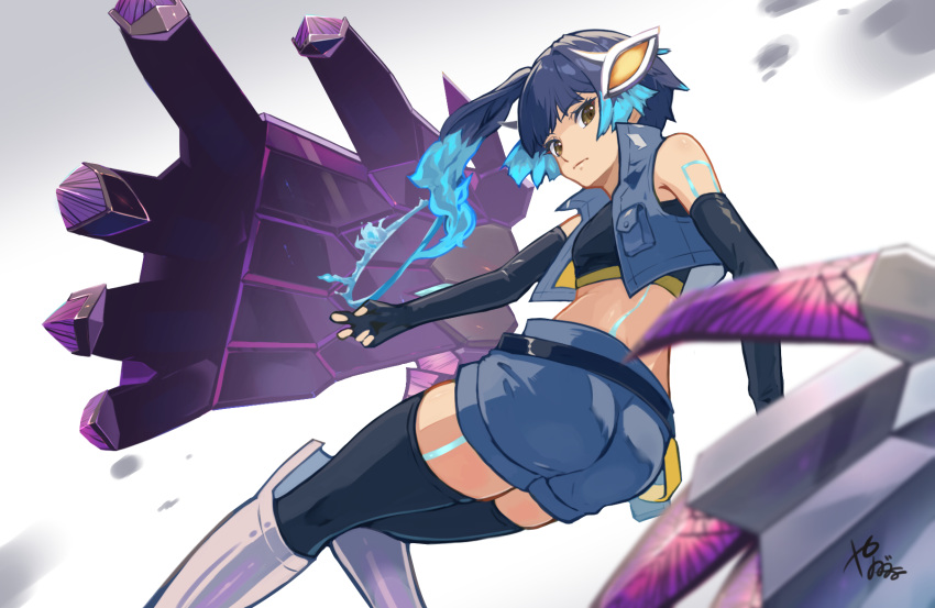 1girl aqua_hair ass black_gloves black_shirt black_thighhighs blue_hair blue_shorts blue_vest body_markings breasts brown_eyes crop_top disembodied_limb elbow_gloves fiery_hair fingerless_gloves from_behind gloves glowing highres mechanical_hands midriff multicolored_hair neon_trim sena_(xenoblade) shirt shorts sleeveless sleeveless_shirt small_breasts solo thighhighs two-tone_hair upper_body vest xenoblade_chronicles_(series) xenoblade_chronicles_3 yanagimachi