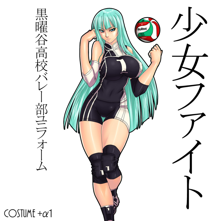 alternate_costume aqua_eyes aqua_hair ball bangs bare_shoulders bike_shorts blunt_bangs breasts cosplay covered_navel covered_nipples elbow_pads english hime_cut judge_martin knee_pads large_breasts long_hair looking_at_viewer molten_(company) morrigan_aensland number shin_guards shirt shoes shoujo_fight simple_background sleeveless sleeveless_shirt smile sneakers solo sportswear standing tape text_focus thick_thighs thigh_gap thighs translated turtleneck vampire_(game) very_long_hair volleyball volleyball_uniform white_background