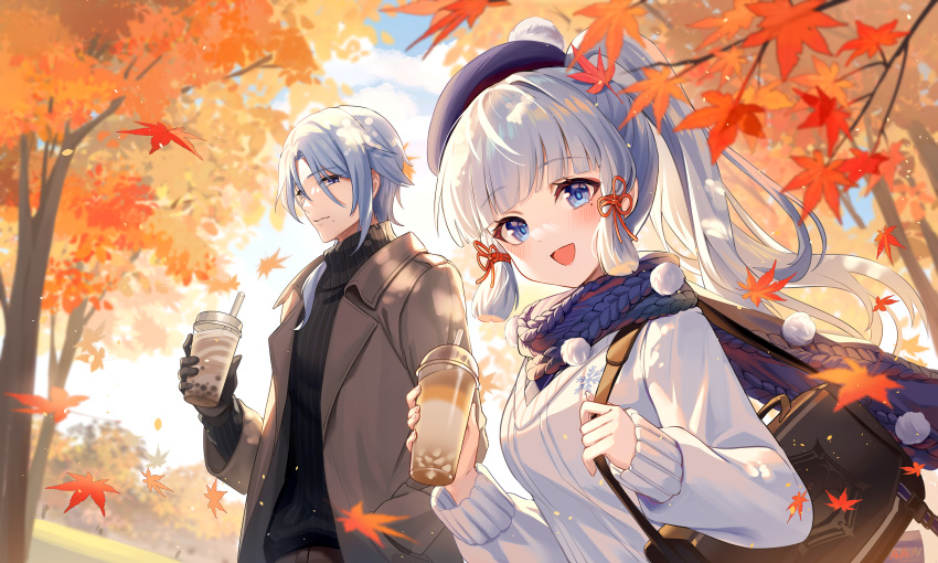 1boy 1girl :d absurdres alternate_costume autumn autumn_leaves bag beret black_bag black_gloves black_sweater blue_eyes blue_hair blue_scarf blunt_bangs blunt_tresses brother_and_sister brown_coat closed_mouth cloud coat commentary_request cup disposable_cup drink drinking_straw falling_leaves genshin_impact gloves hat highres holding holding_cup kamisato_ayaka kamisato_ayato lalazyt leaf light_blue_hair long_hair long_sleeves looking_at_viewer mole mole_under_eye open_mouth orange_theme ponytail scarf shoulder_bag siblings smile sweater tree upper_body white_sweater