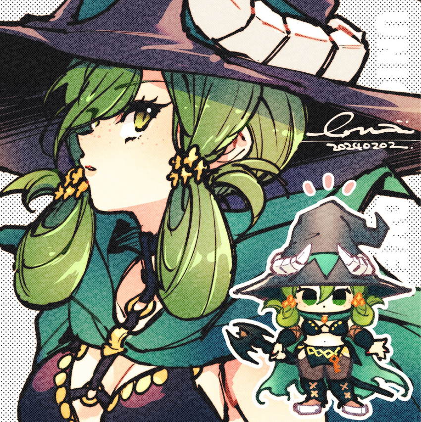 1girl breasts cleavage cloak fake_horns green_cloak green_eyes green_hair hat highres holding holding_staff horned_hat horned_headwear horns long_hair looking_at_viewer navel revealing_clothes skirt solo staff u_emmm unicorn_overlord witch_hat yahna